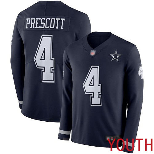 Youth Dallas Cowboys Limited Navy Blue Dak Prescott #4 Therma Long Sleeve NFL Jersey->youth nfl jersey->Youth Jersey